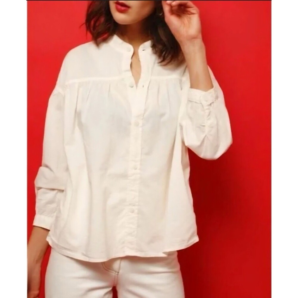 AE77 American Eagle Poplin Blouse Womens Medium White Organic Cotton Button Down